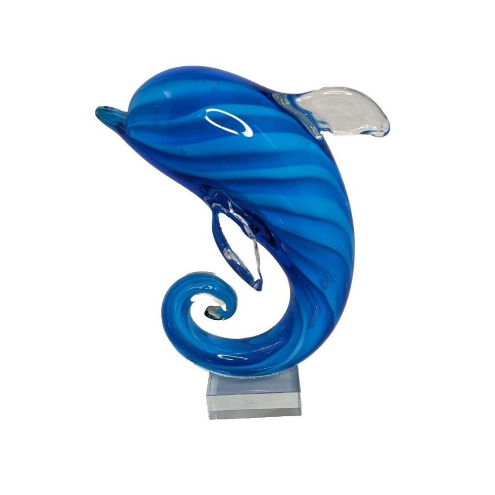 Art Glass Dolphin Figurine Blue Sculpture‎ Sea life Beach Coastal Nautical